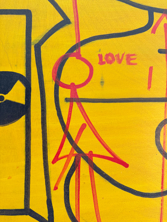 details of contemporary mixed media artwork on wood 62x72 – yellow background with symbolic elements and typography – Maison Mattia