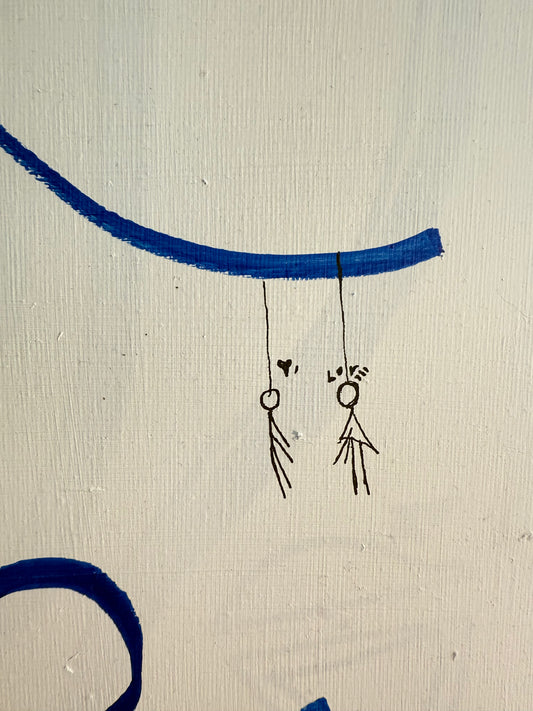 detail of abstract mixed media artwork on canvas 40x50 – blue forms and symbolic shapes on white background – Maison Mattia