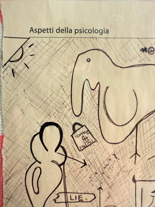 detail of mixed media collage artwork on paper and wood 40x30 – psychological themes with drawings and text – Maison Mattia