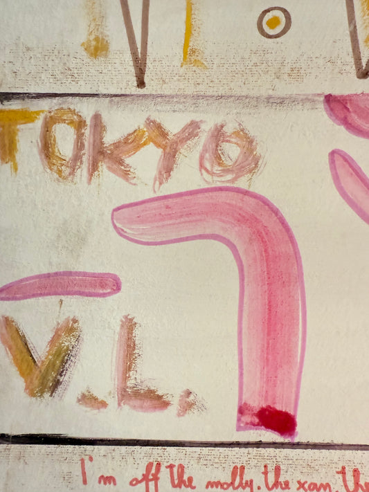 details of layered mixed media artwork on wood 50x70 – typography and colorful symbolic elements – Maison Mattia