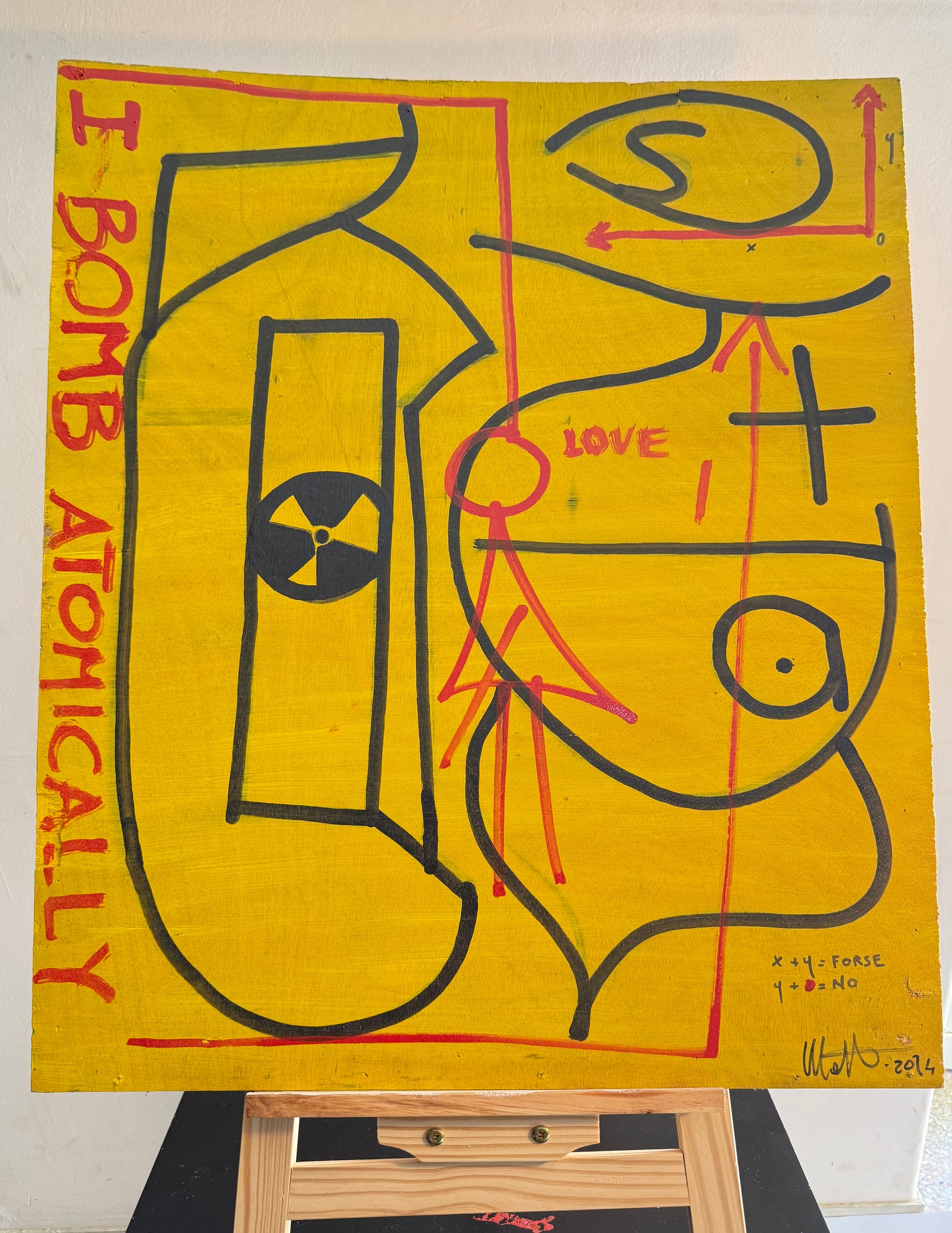 contemporary mixed media artwork on wood 62x72 – yellow background with symbolic elements and typography – Maison Mattia
