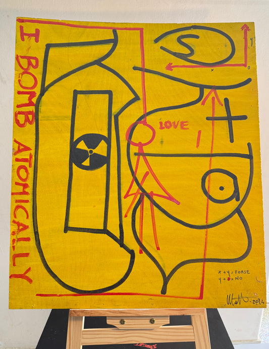 contemporary mixed media artwork on wood 62x72 – yellow background with symbolic elements and typography – Maison Mattia