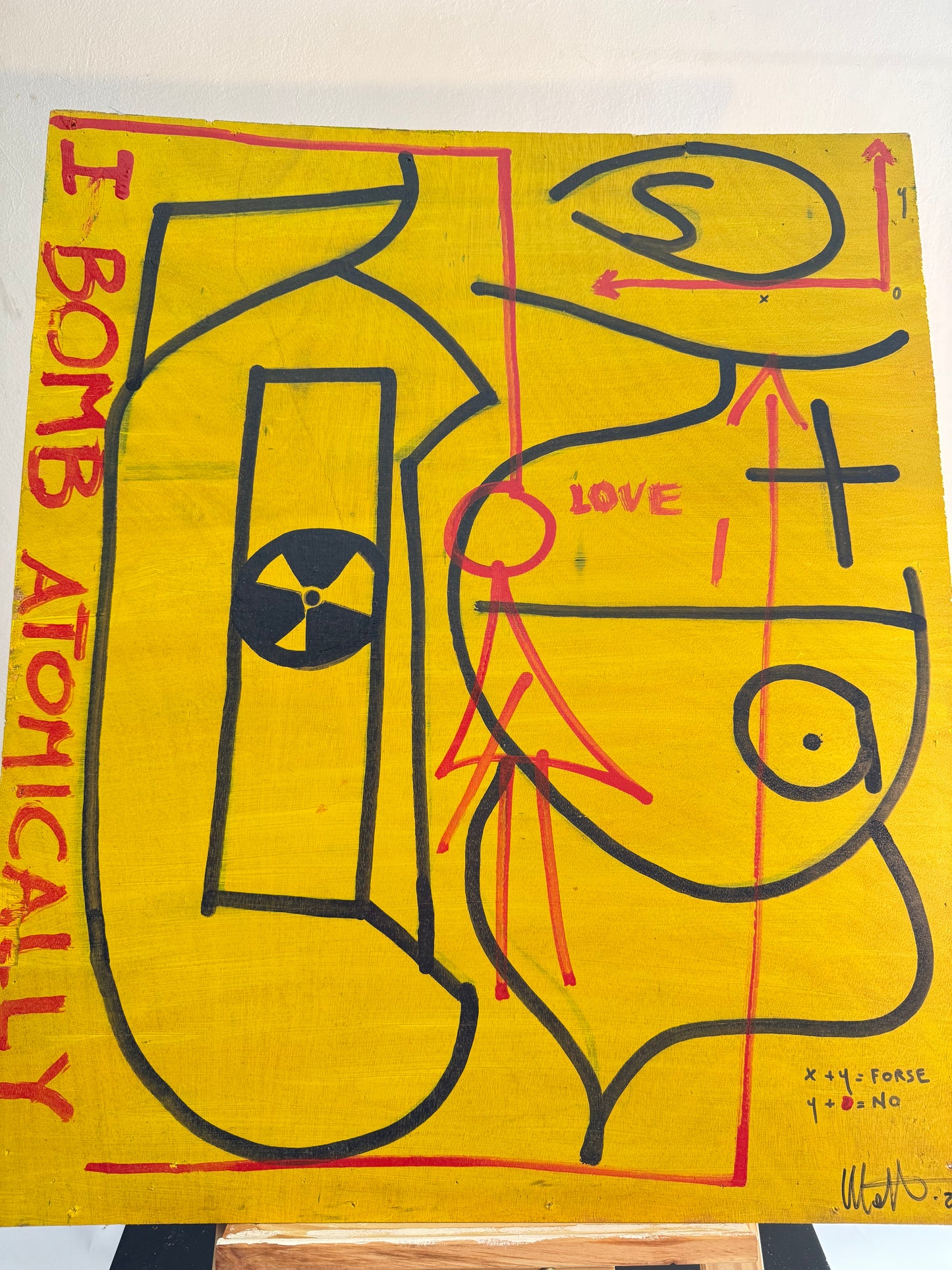 contemporary mixed media artwork on wood 62x72 – yellow background with symbolic elements and typography – Maison Mattia