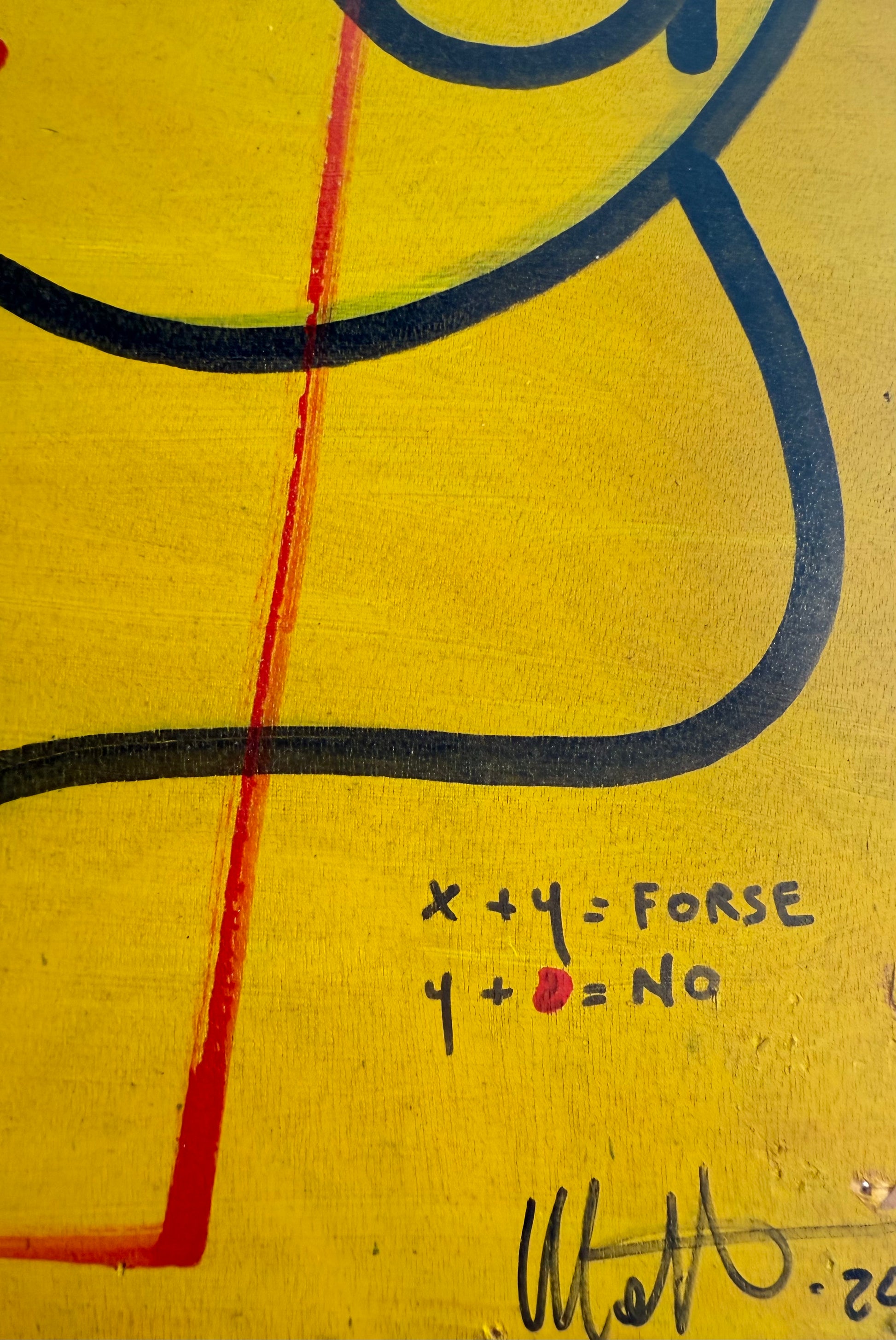 details of contemporary mixed media artwork on wood 62x72 – yellow background with symbolic elements and typography – Maison Mattia