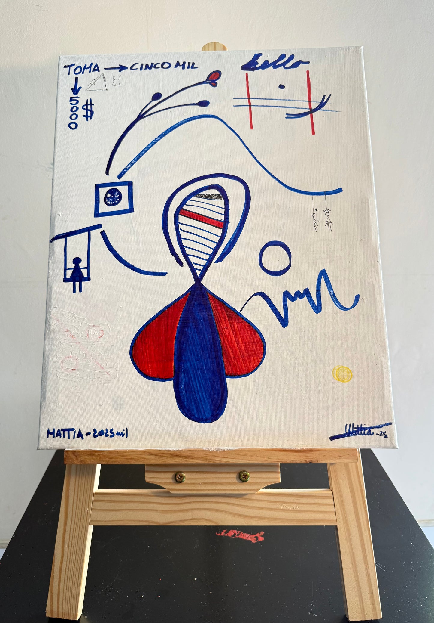 abstract mixed media artwork on canvas 40x50 – blue forms and symbolic shapes on white background – Maison Mattia