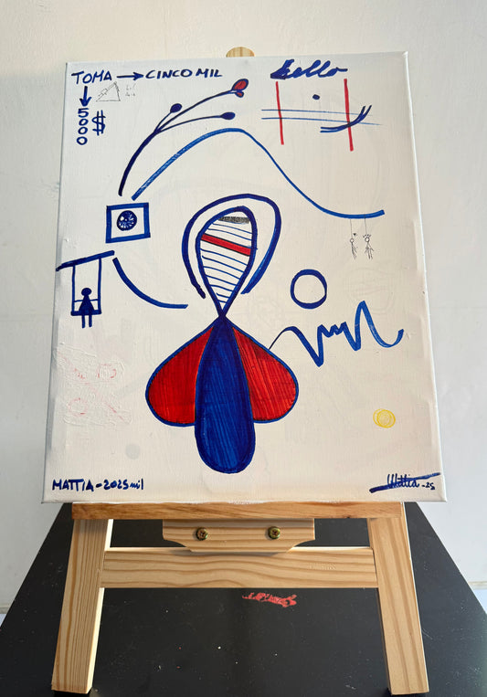 abstract mixed media artwork on canvas 40x50 – blue forms and symbolic shapes on white background – Maison Mattia