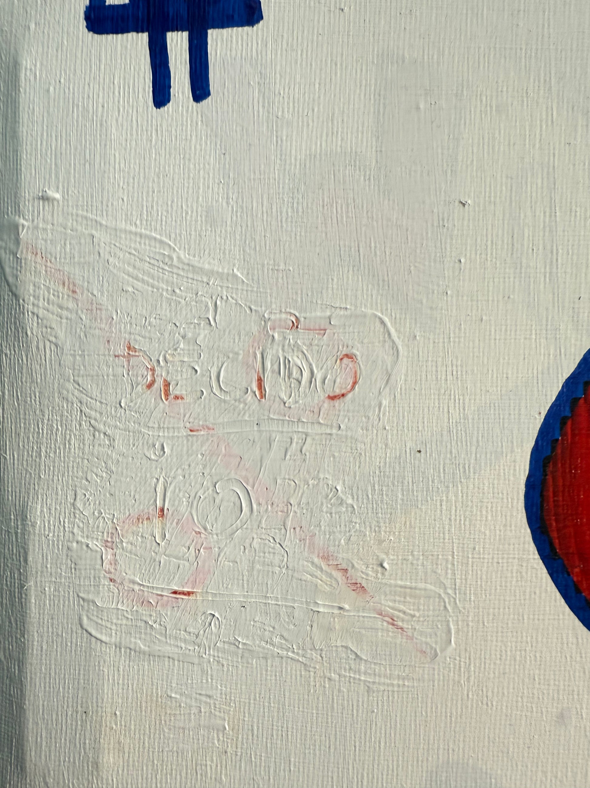 detail of abstract mixed media artwork on canvas 40x50 – blue forms and symbolic shapes on white background – Maison Mattia