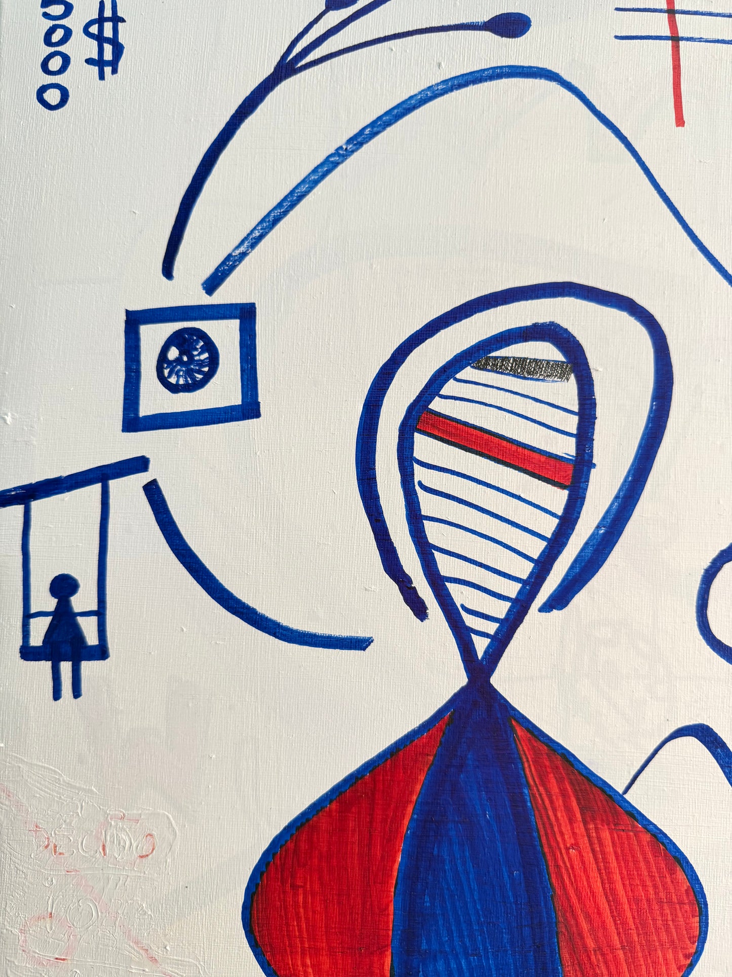 abstract mixed media artwork on canvas 40x50 – blue forms and symbolic shapes on white background – Maison Mattia