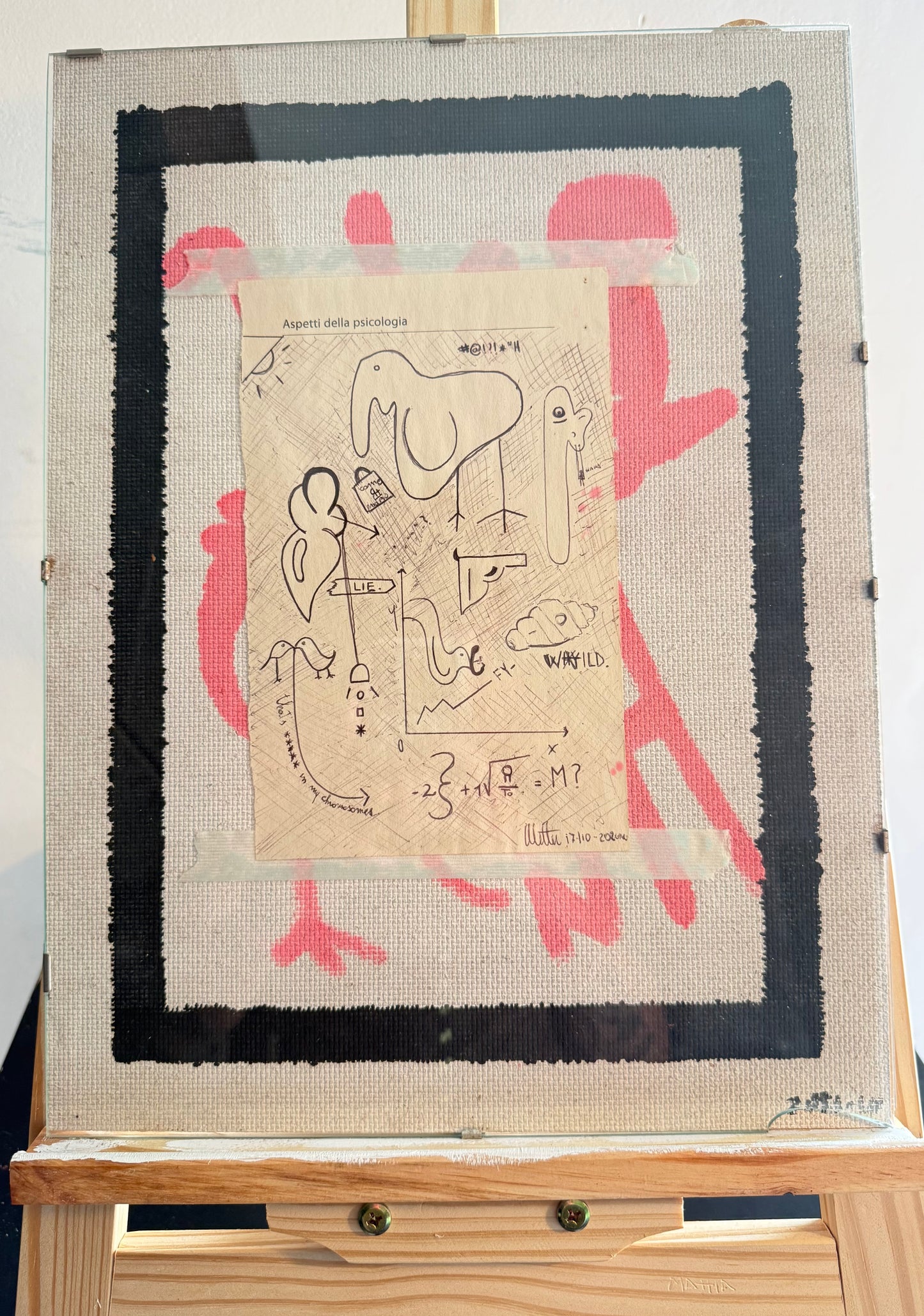 mixed media collage artwork on paper and wood 40x30 – psychological themes with drawings and text – Maison Mattia