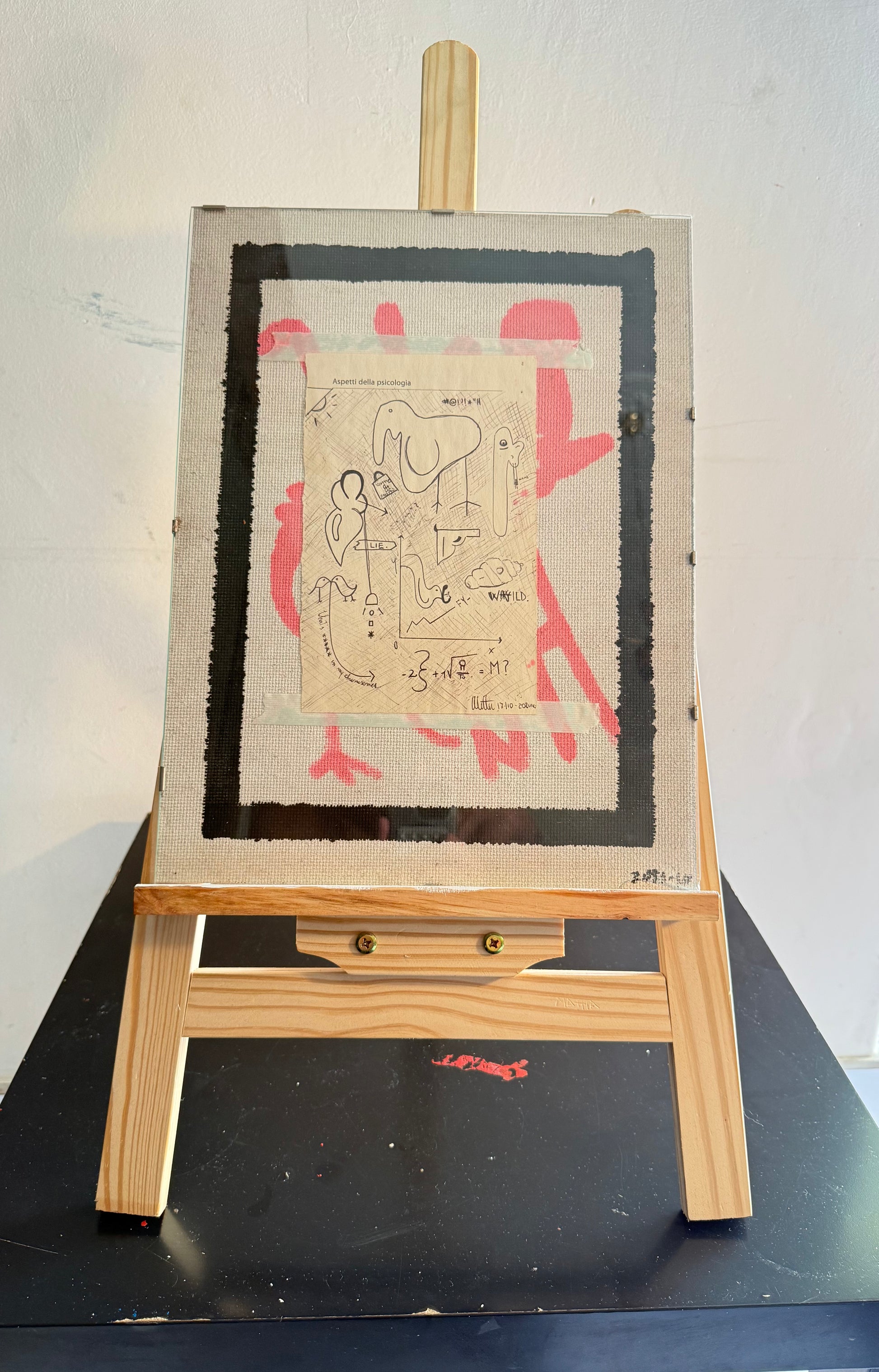 mixed media collage artwork on paper and wood 40x30 – psychological themes with drawings and text – Maison Mattia