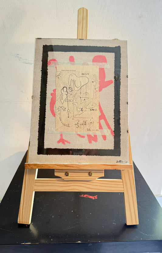 mixed media collage artwork on paper and wood 40x30 – psychological themes with drawings and text – Maison Mattia