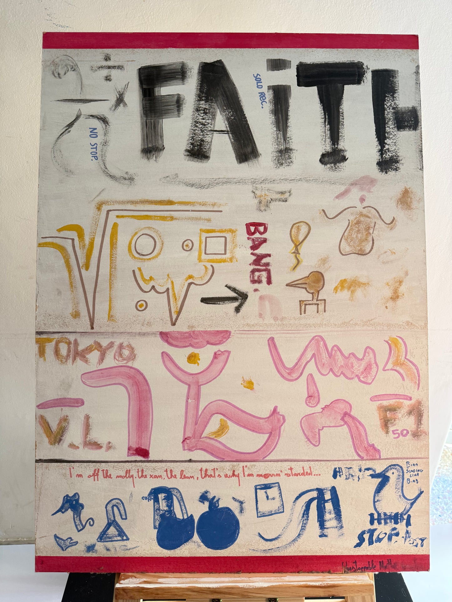 layered mixed media artwork on wood 50x70 – typography and colorful symbolic elements – Maison Mattia