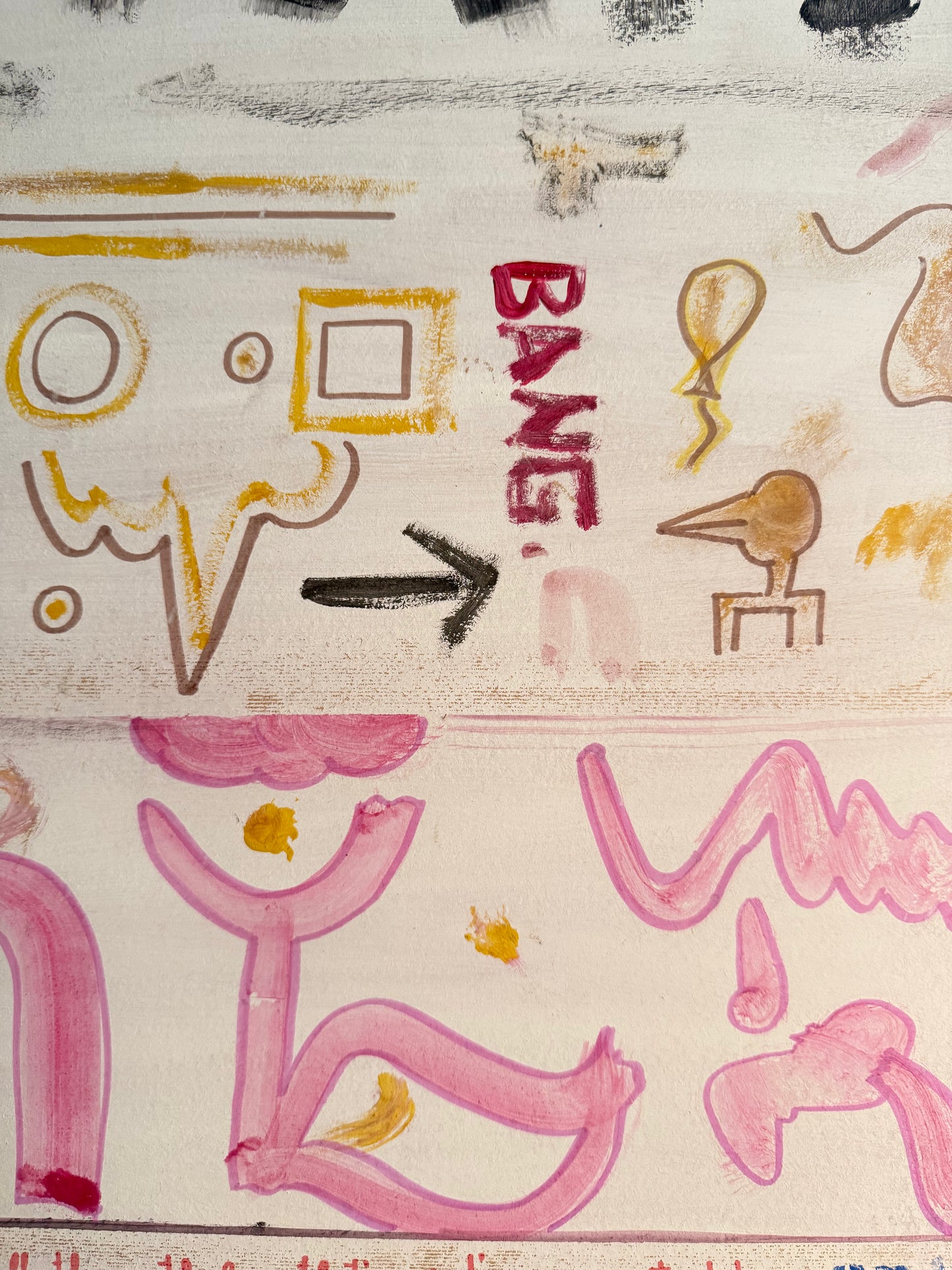 details of layered mixed media artwork on wood 50x70 – typography and colorful symbolic elements – Maison Mattia