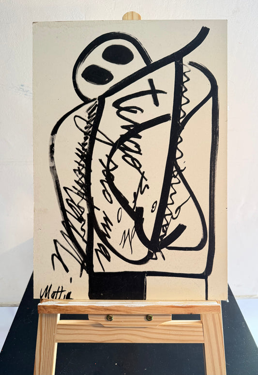 ink artwork on wood 35x50 – stylized figure with black brushstrokes – Maison Mattia