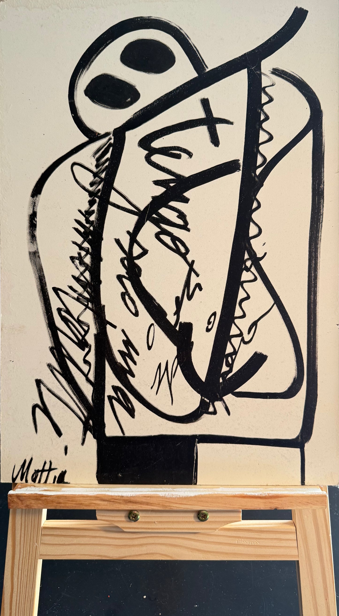 ink artwork on wood 35x50 – stylized figure with black brushstrokes – Maison Mattia
