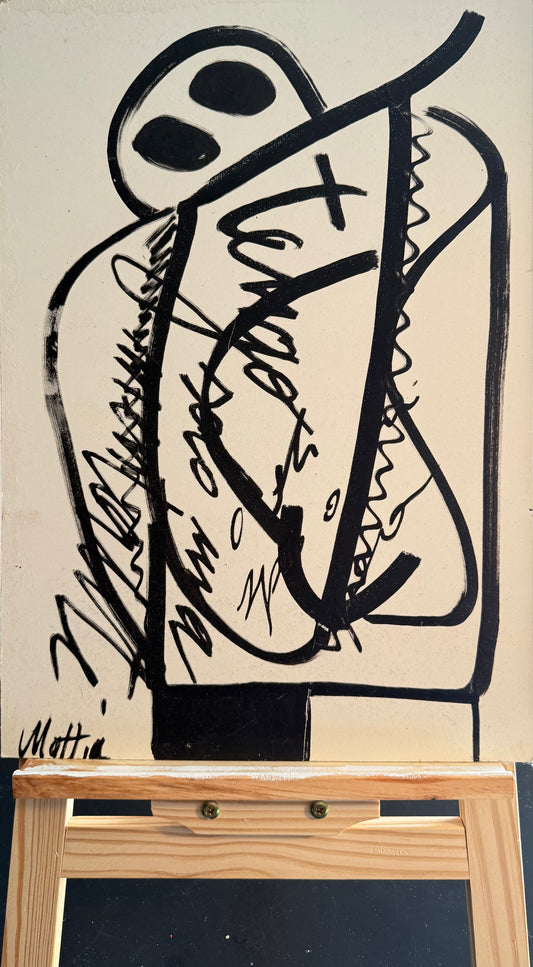 ink artwork on wood 35x50 – stylized figure with black brushstrokes – Maison Mattia