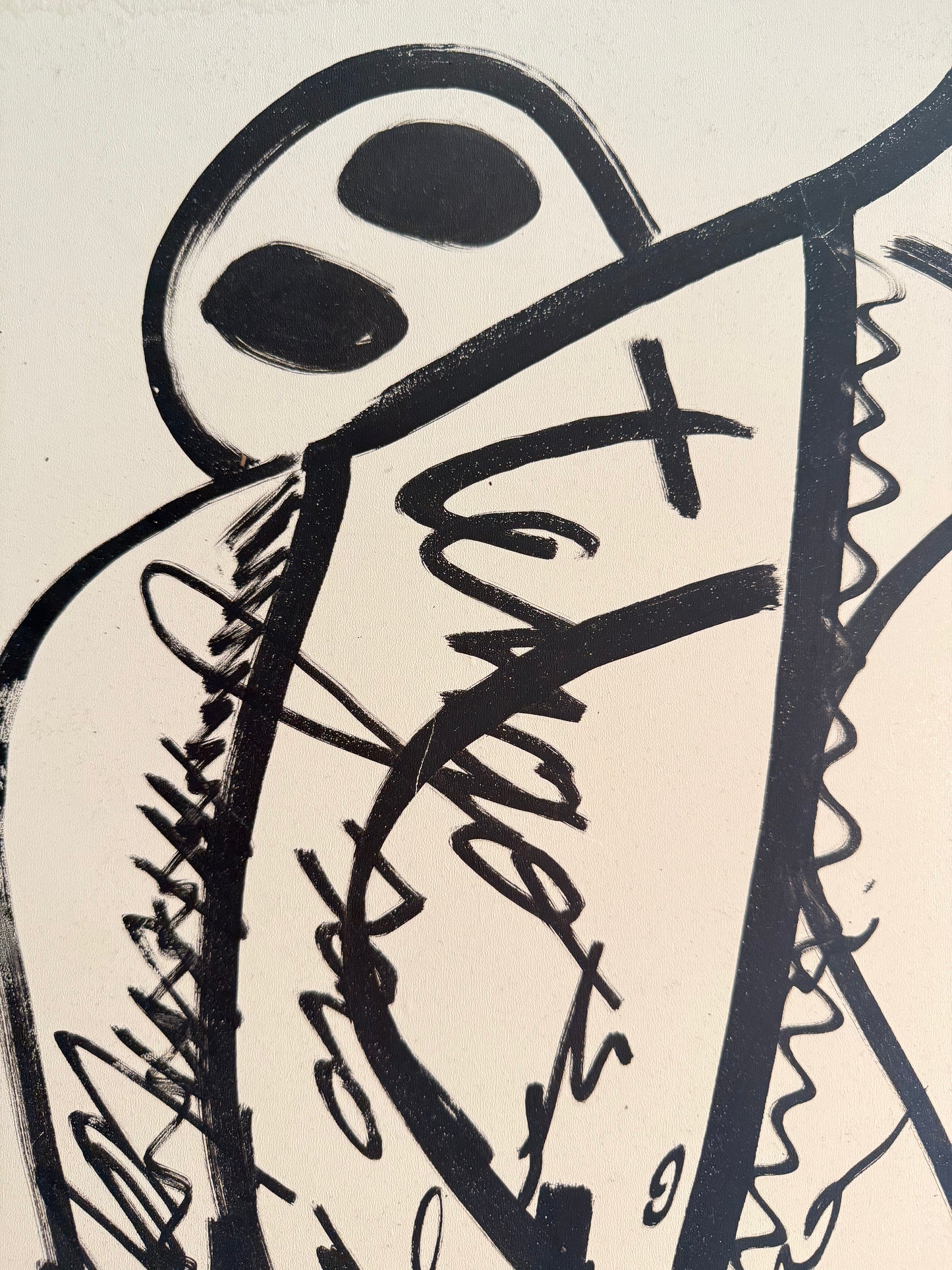 detail of ink artwork on wood 35x50 – stylized figure with black brushstrokes – Maison Mattia