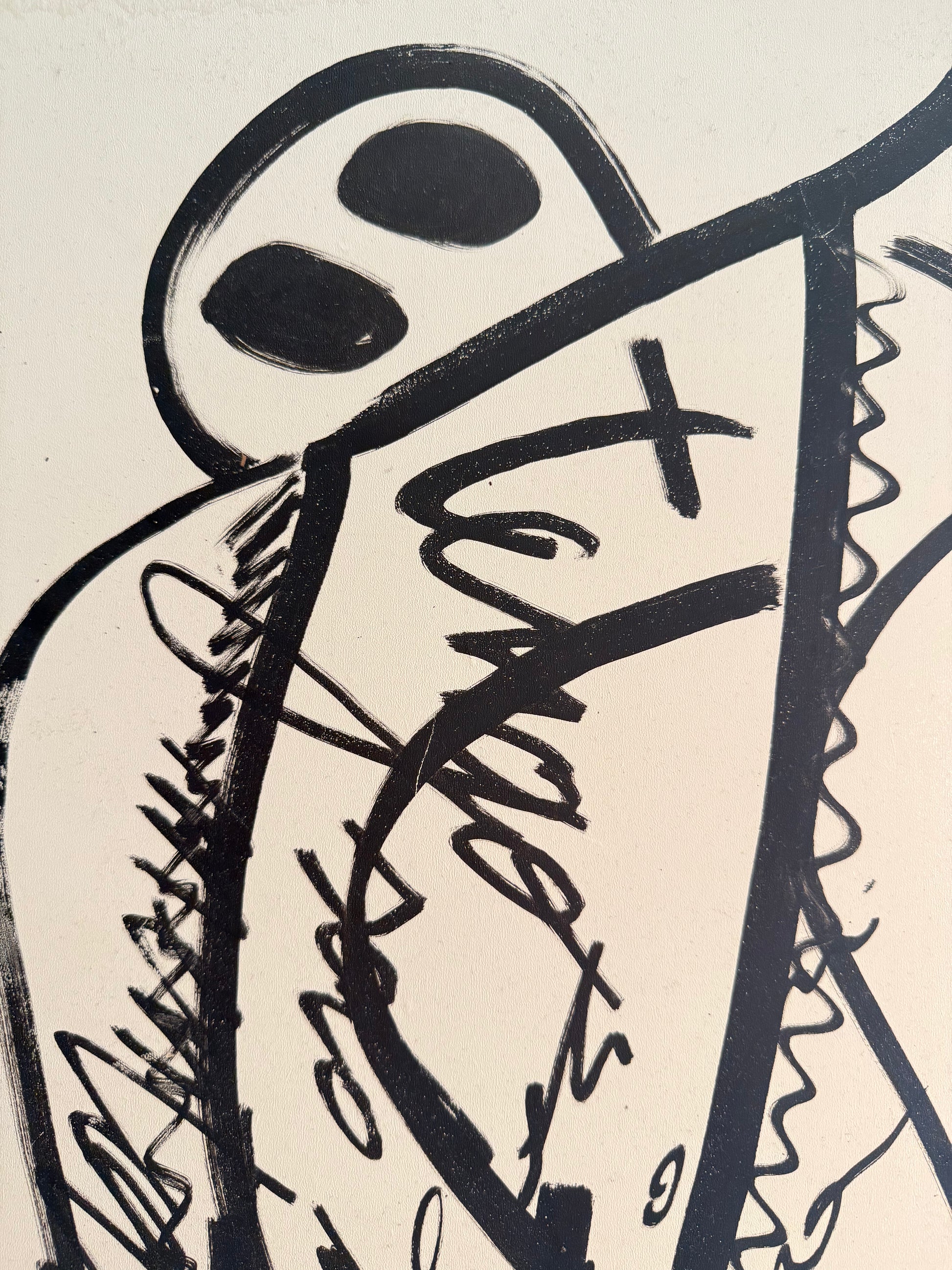 detail of ink artwork on wood 35x50 – stylized figure with black brushstrokes – Maison Mattia
