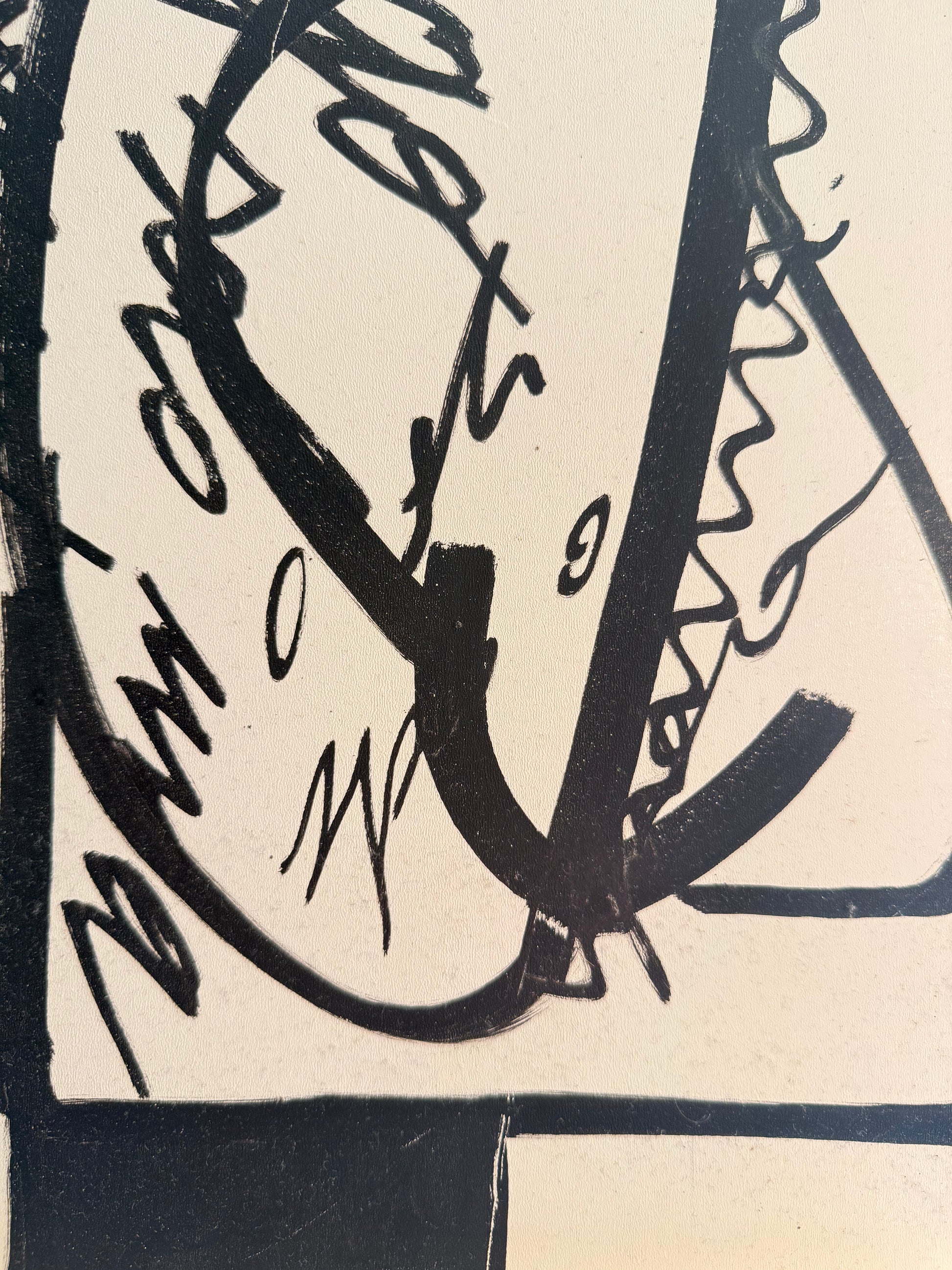detail of ink artwork on wood 35x50 – stylized figure with black brushstrokes – Maison Mattia