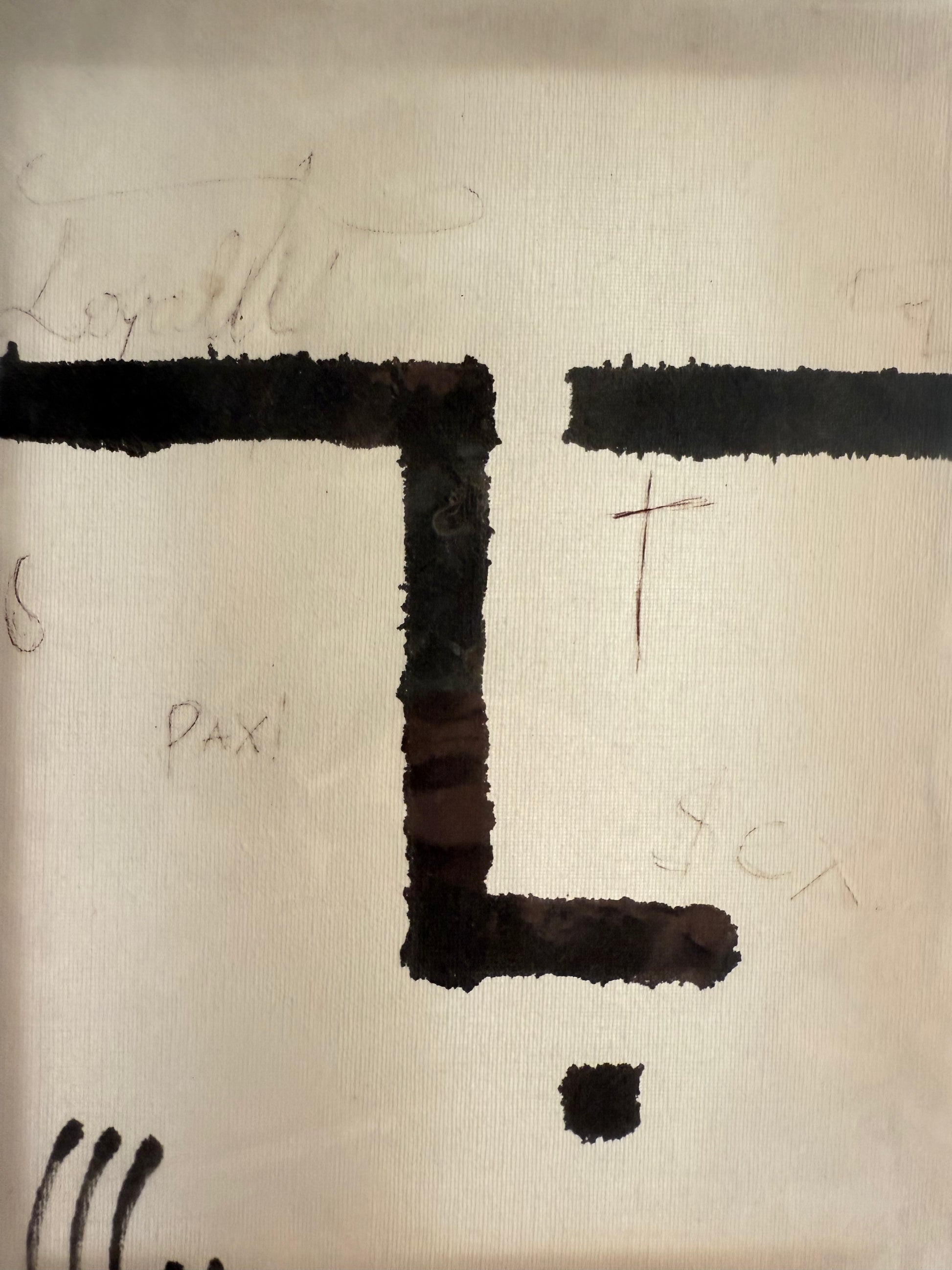 detail of minimalist ink artwork on canvas 25x30 – black geometric lines on white background – Maison Mattia