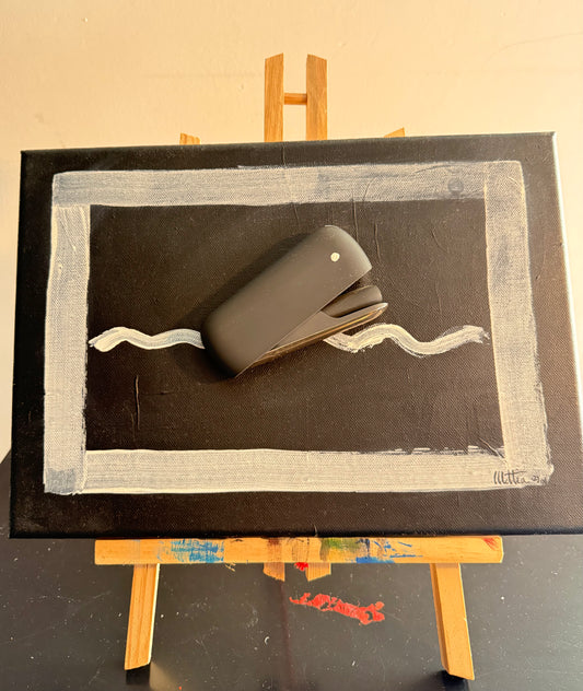 mixed media artwork on canvas 35x25 – consumer object transformed into marine life conceptual art – Maison Mattia