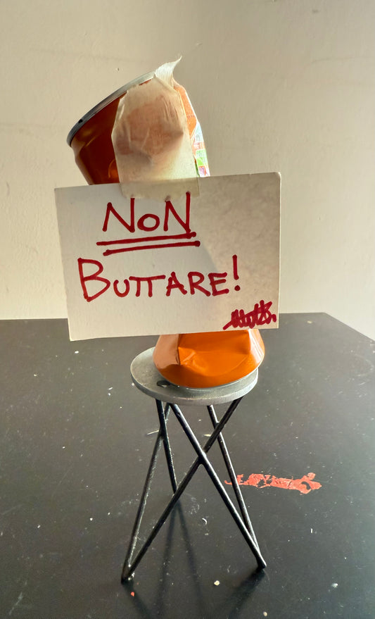 conceptual art installation 30cm height – crushed Fanta can with protest sign mixed media piece – Maison Mattia