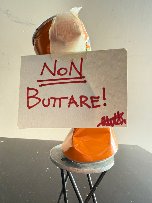 conceptual art installation 30cm height – crushed Fanta can with protest sign mixed media piece – Maison Mattia
