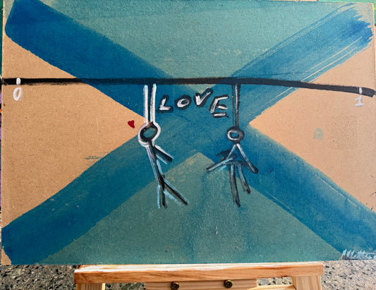 acrylic artwork on canvas 50x35 – geometric blue forms with suspended figure elements – Maison Mattia
