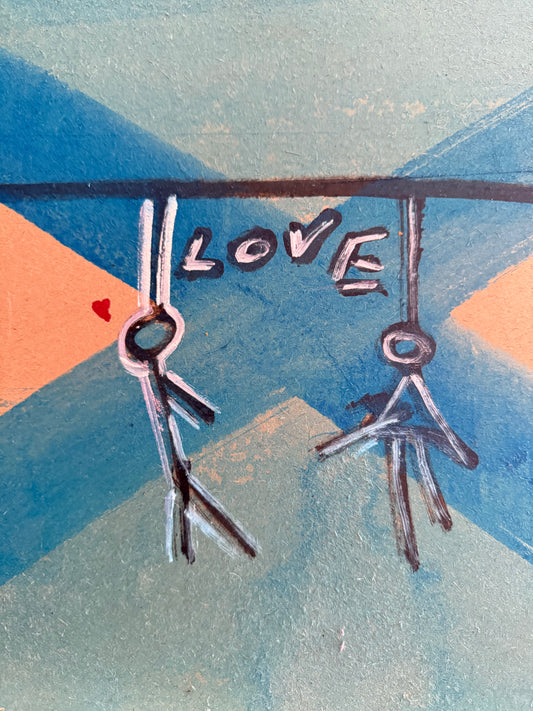 detail of acrylic artwork on canvas 50x35 – geometric blue forms with suspended figure elements – Maison Mattia